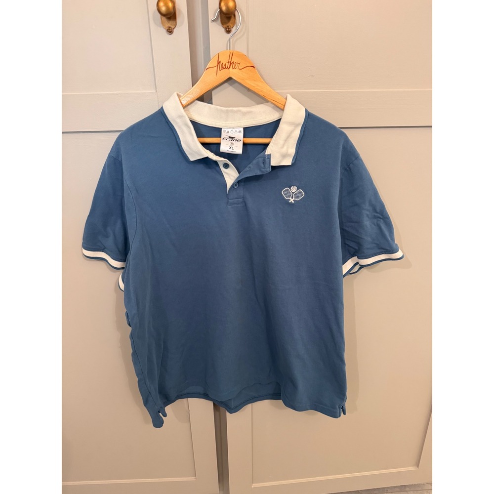 Crane Mens XL Blue Pickleball Polo Shirt Short Sleeve Contrast Collar Pique Knit